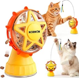 NORMON Cat Treat Dispenser, Ferris Wheel Puzzle Feeder Toy with Teaser Wand