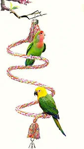 SunGrow Rope Perch for Parrots, 59" Long, Bungee Bird Toy, Brightly Colored Handmade Chew Toy, Spiral Design with Jingling Bell