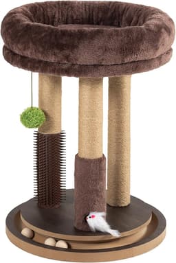 PAWALAYA 22" Cat Scratching Post with Tower Soft Bed, Heavy-Duty Wood Base | Natural Sisal Cat Scratcher Post with Hanging Ball, Mouse Hole & Ball Track & Grooming Brush for Kitten & Adult Cats