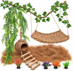 Leopard Gecko Tank Accessories: Reptile Hammock, Vines, and Coconut Shell Ladder Hideout Bundle