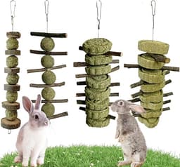LWINGFLYER 4 Pack Bunny Chew Toys Apple Wood Chews Rabbit Cage Hanging Grass Cake Snack Treat for Teeth Grinding Improve Small Pet Guinea Pigs Chinchillas Hamsters Parrots Dental Health