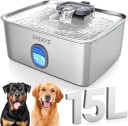 SIBAYS 4Gal/15L Large Dog Water Fountain, Stainless Steel with Water Window & LED Light